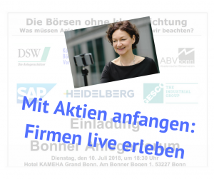 Auf dem Bild siehst du eine Frau mit iphone und Text: Mit Aktien anfangen: Unternehmen live erleben.