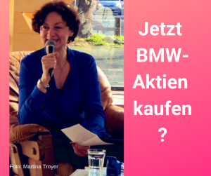 Bild zeigt Frau mit Mikrofon in der Hand. Bildtext lautet: Jetzt BMW-Aktien kaufen?
